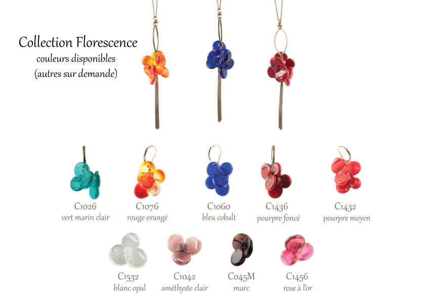 Les couleurs disponibles pour la collection de bijoux en verre Florescence