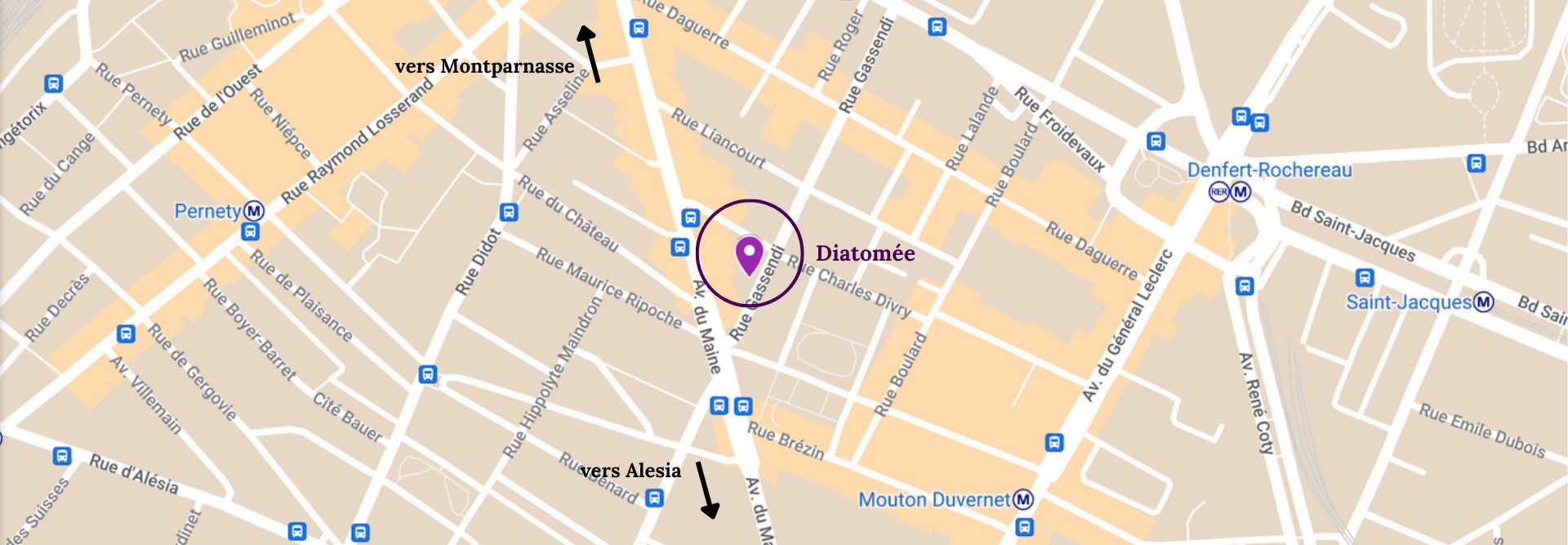 Carte de localisation de la boutique de bijoux en verre Diatomée à Paris 14