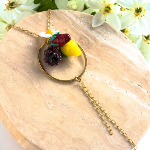 Collier fruits rouges et citron en verre de Murano et acier inoxydable, bijoux artisanales fait mains à Paris