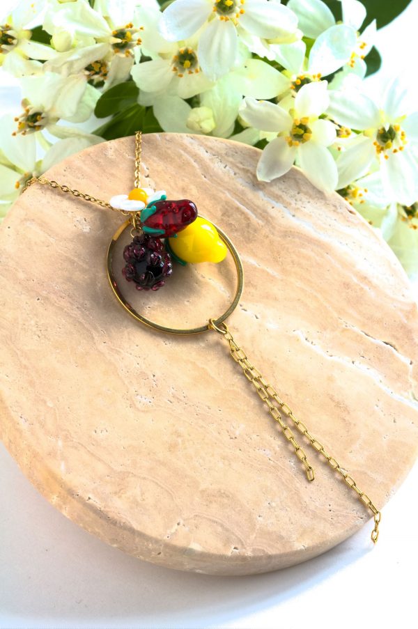 Collier fruits rouges et citron en verre de Murano et acier inoxydable, bijoux artisanales fait mains à Paris