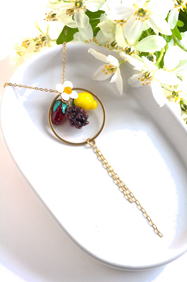 Collier fruits rouges et citron en verre de Murano et acier inoxydable, bijoux artisanales fait mains à Paris